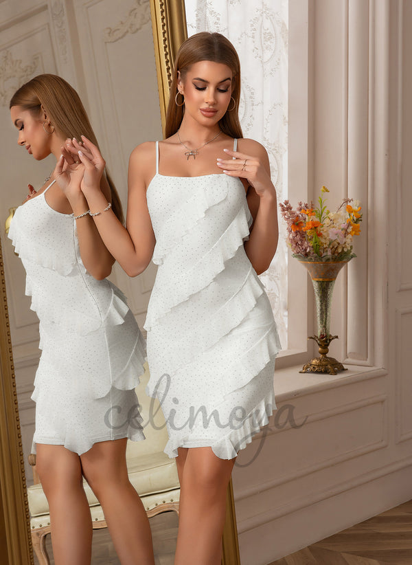 Rhinestone Cascading Ruffles Square Bodycon Spandex Mini Dress - 417218