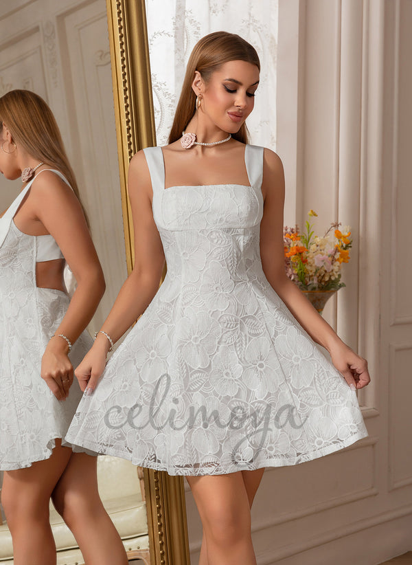 Embroidered Square A-line Jacquard Lace Mini Dress - 417221