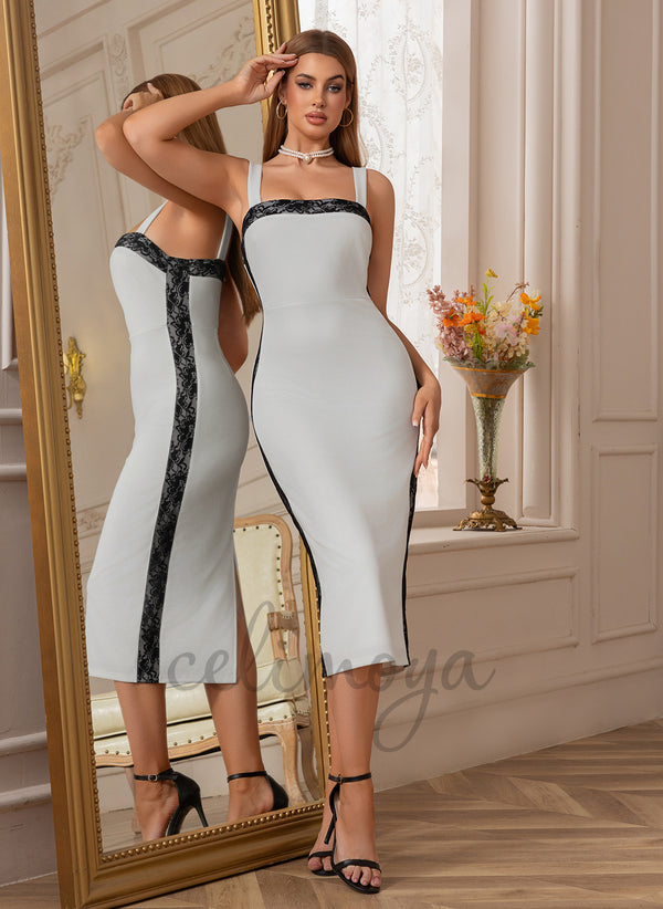 Square Sheath/Column Lace Stretch Crepe Midi Dress - 417225