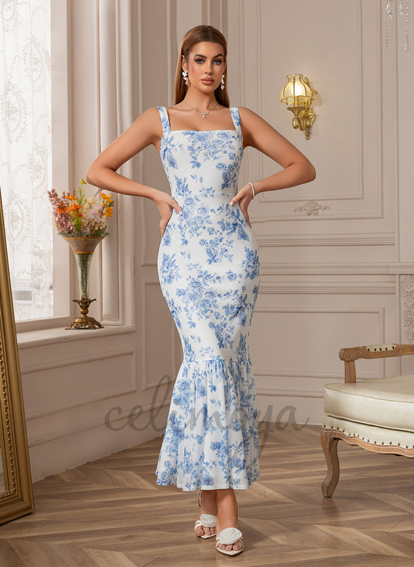 Floral Print Square Trumpet/Mermaid Spandex Midi Dress - 417509