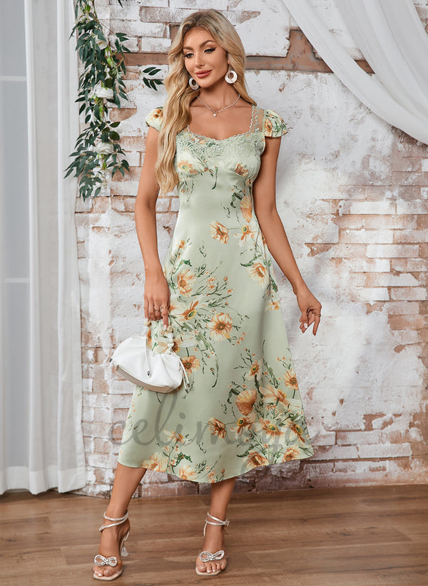 Floral Print Square Cap Sleeve A-line Satin Midi Dress
