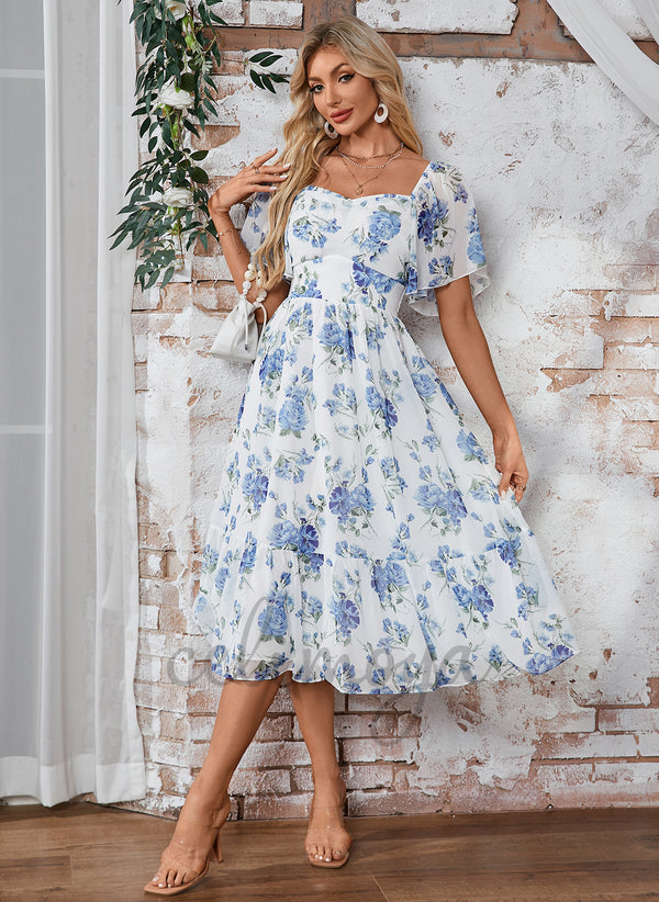 Floral Print Smocked Sweetheart Short Sleeve A-line Chiffon Midi Dress