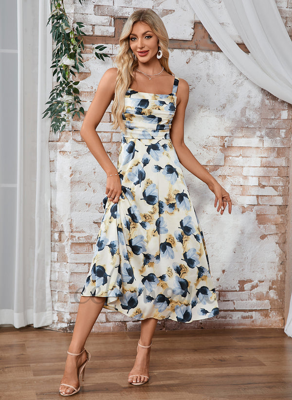 Pleated Floral Print Cowl A-line Satin Midi Dress