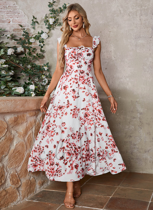 Ruffle Floral Print Square A-line Printed Fabric Midi Dress