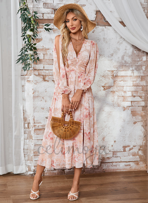 Pleated Floral Print V-Neck A-line Chiffon Midi Dress - 418395