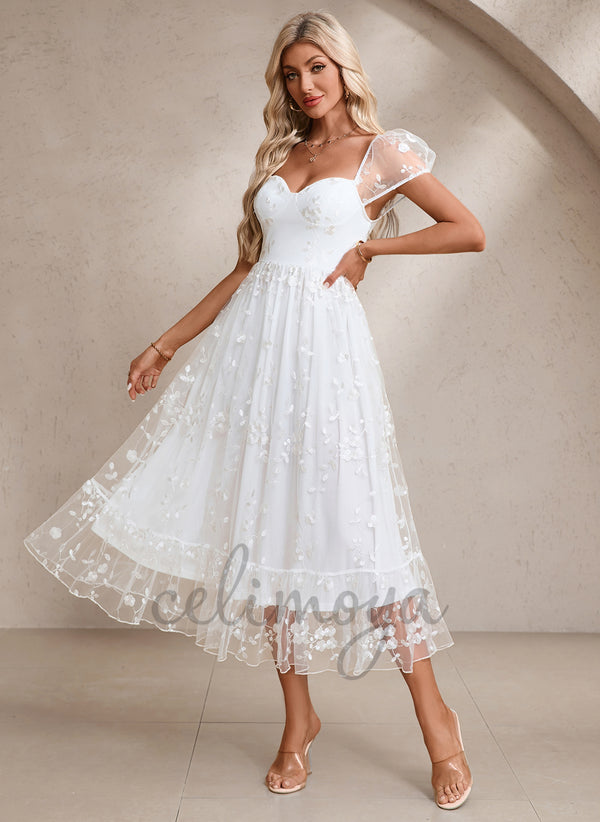 Embroidered Sweetheart Short Sleeve A-line Tulle Midi Dress