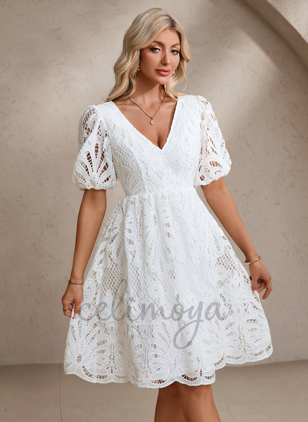 V-Neck Short Sleeve A-line Lace Midi Dress