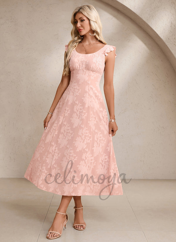 Jacquard Scoop Short Sleeve A-line Chiffon Midi Dress