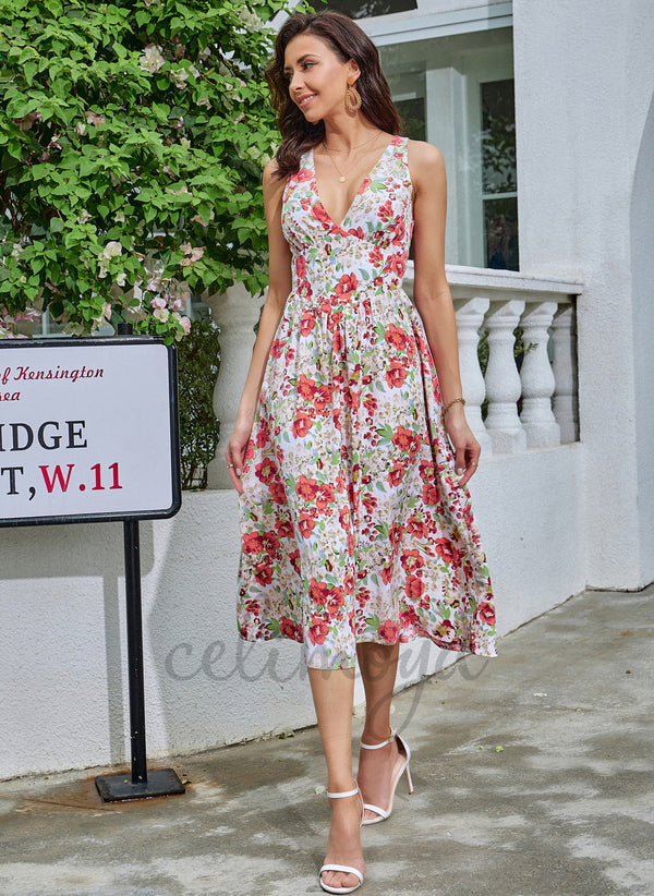 Robes mi-longues en polyester à imprimé floral et col en V pour les vacances - 291420
