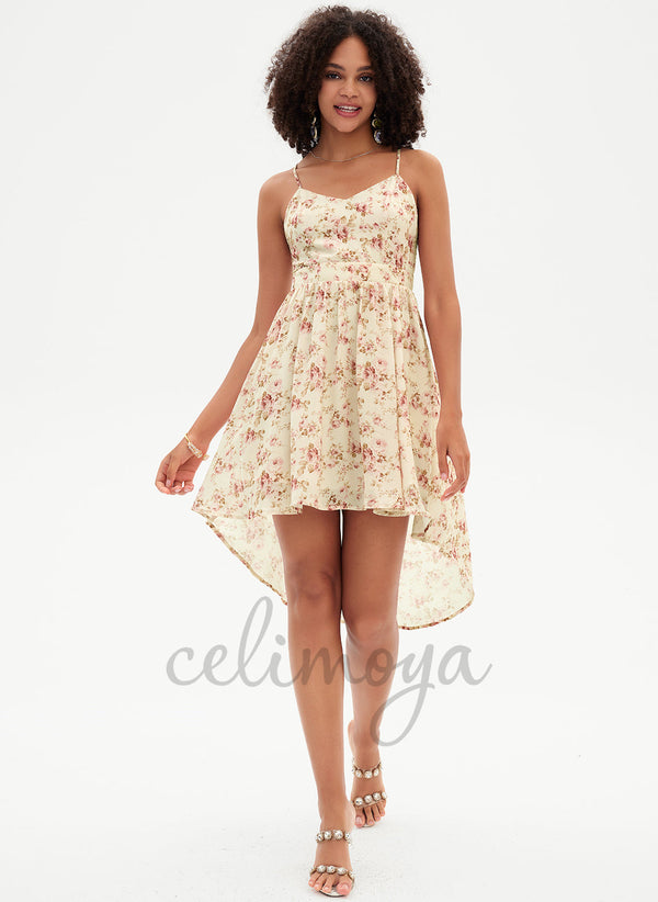 Robe trapèze asymétrique en mousseline à col en V - 294707