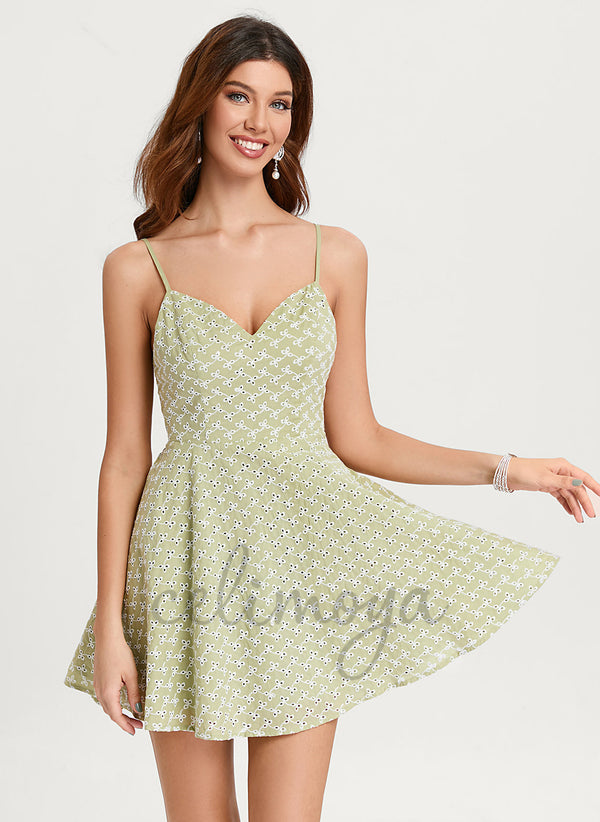 Robe trapèze col en V courte/mini en coton avec nœud - 295269