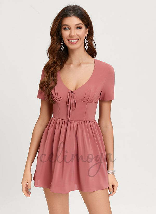 Trapèze Col V Court/Mini Robe en mousseline avec Noeud - 295271