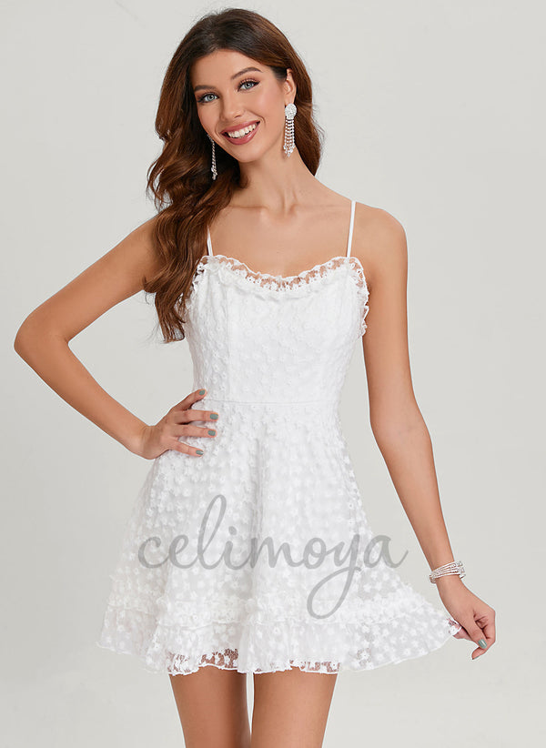 Robe trapèze courte/mini en dentelle avec broderie - 295275