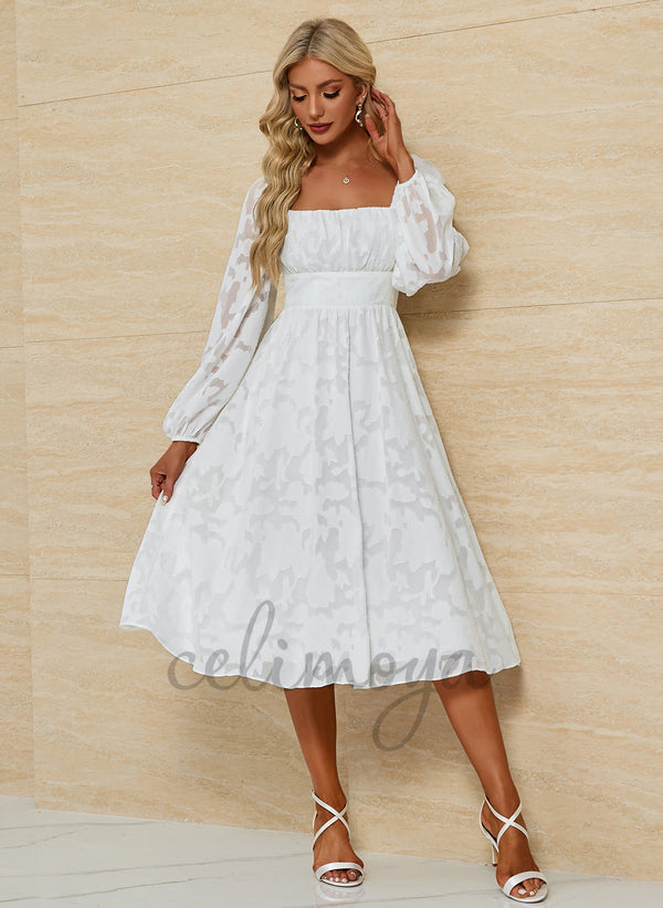 Fleur Jacquard Carré Élégant A-ligne Mousseline Robes Midi - 299349