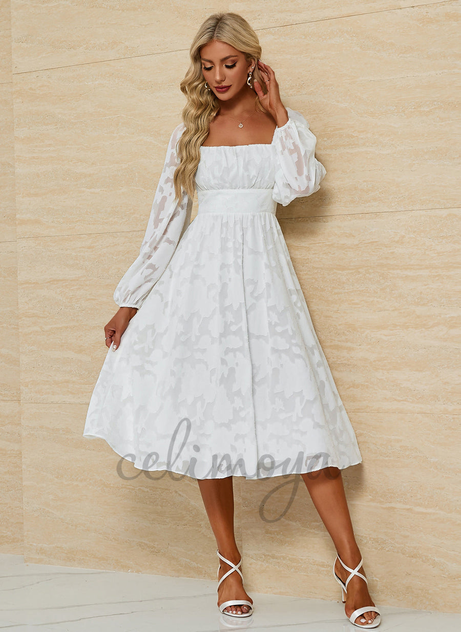 Fleur Jacquard Carré Élégant A-ligne Mousseline Robes Midi - 299349