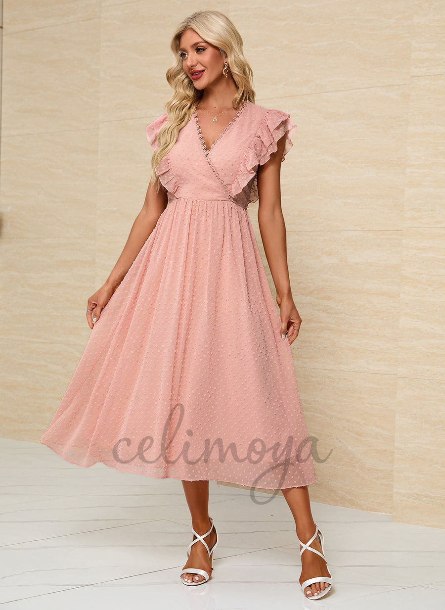 Robes mi-longues en mousseline de soie élégantes à col en V en jacquard - 299900
