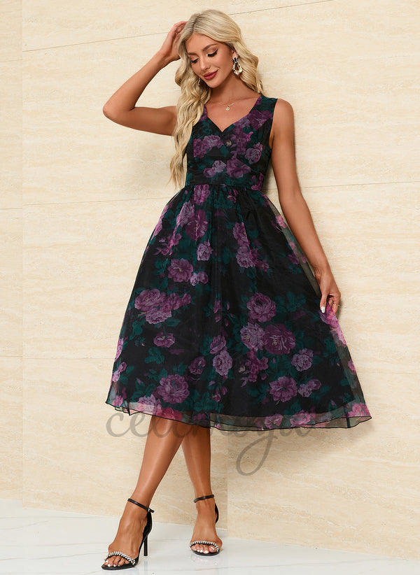 Robes mi-longues en organza élégantes à imprimé floral - 299916