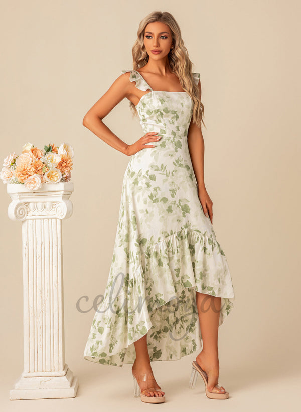 Robes asymétriques en satin droites élégantes à volants et imprimé floral - 300356