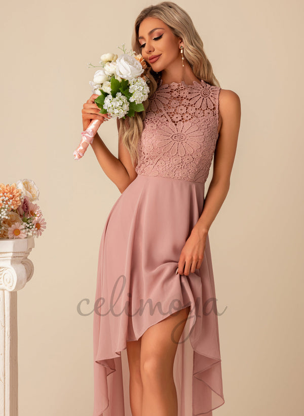 Fleur Jacquard Col Haut Élégante A-ligne Mousseline de soie Robes Asymétriques en Dentelle - 300357