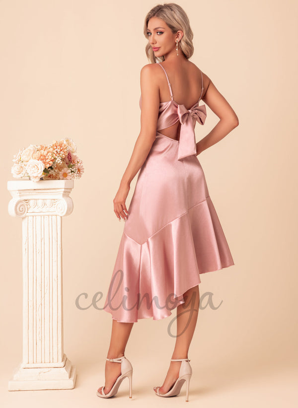 Bow Ruffle Cowl Élégante A-ligne Satin Robes Asymétriques - 300365