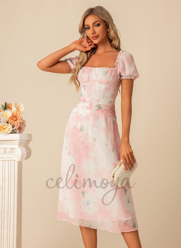 Robes mi-longues en mousseline de soie trapèze élégantes carrées à imprimé floral - 300367
