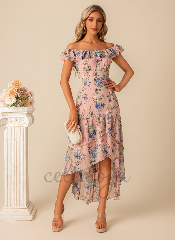 Volants Imprimé Floral Col rond Droite Élégant Trompette/Sirène Mousseline Robes Asymétriques - 300368