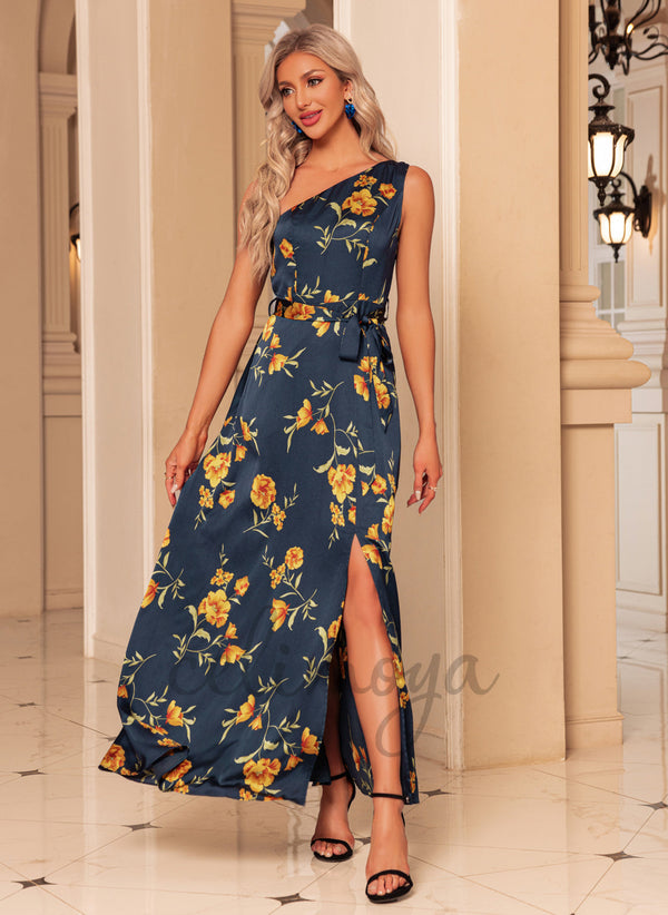 Robes longues en satin élégantes à une épaule à imprimé floral - 300369