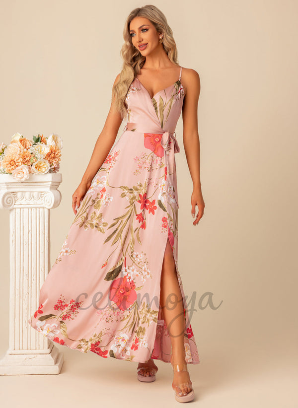 Robes longues en satin à imprimé floral et col en V - 300953