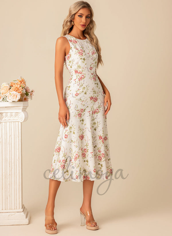 Imprimé floral Col rond Élégant Trompette/Sirène Polyester Robes mi-longues - 300957