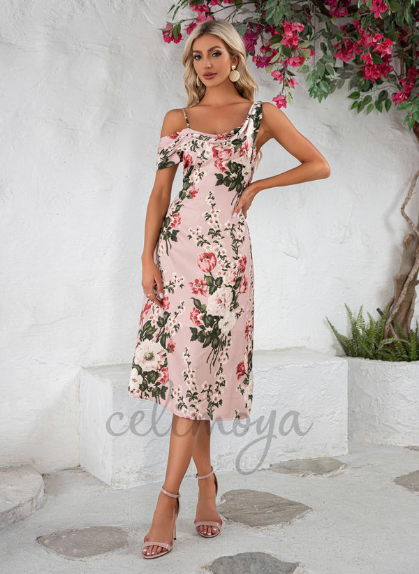 Robes mi-longues en satin à imprimé floral pour les vacances - 301272
