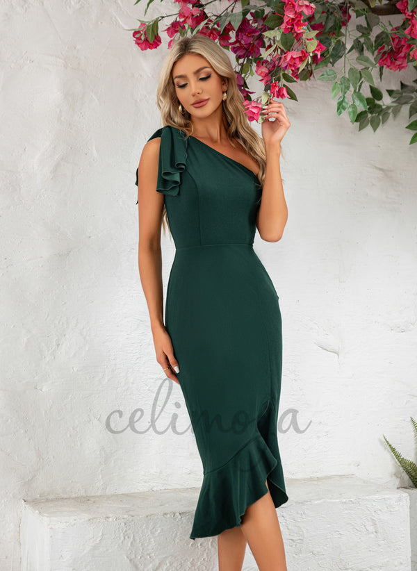 Robes mi-longues asymétriques en polyester à volants une épaule élégante moulante - 301276
