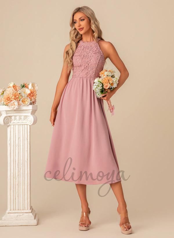 Robes mi-longues en polyester et dentelle trapèze élégantes à col licou - 301277