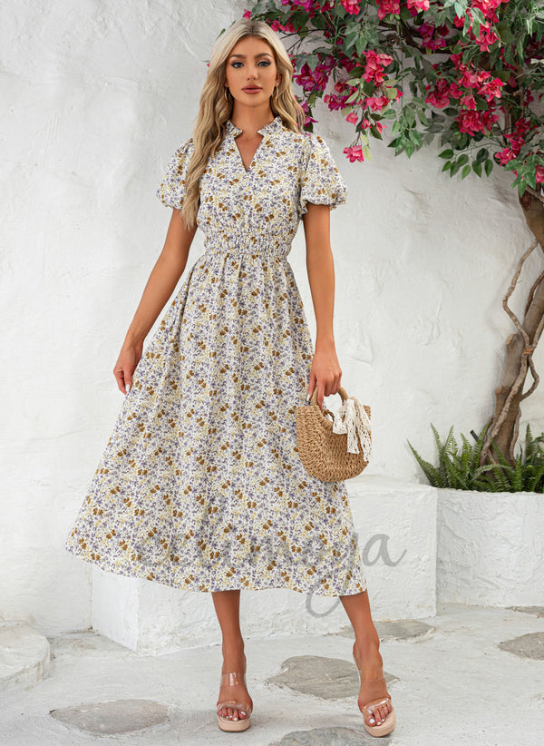 Robes mi-longues en polyester à imprimé floral et col en V pour les vacances - 301465