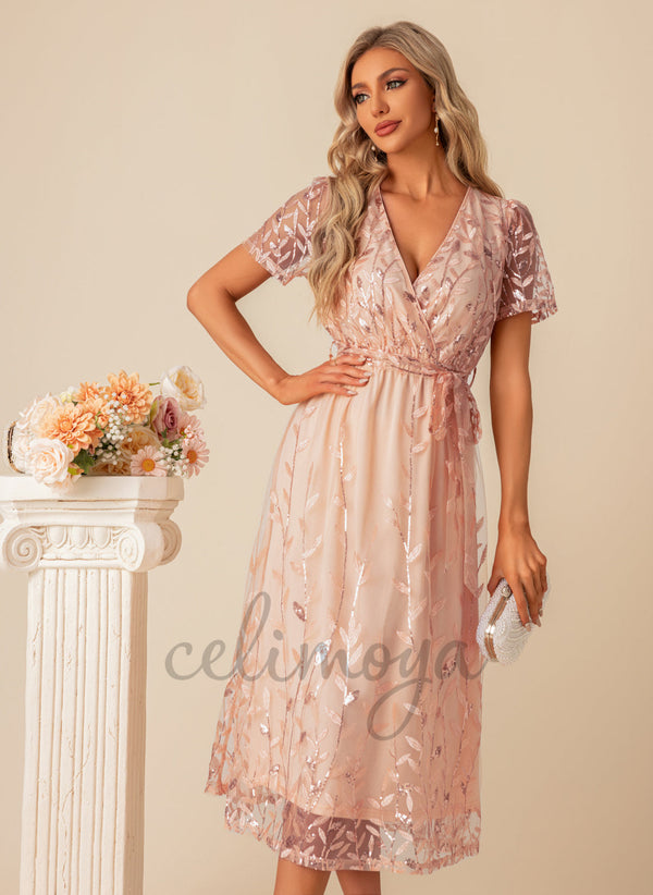 Paillettes Col en V Élégant A-ligne Tulle Paillettes Robes Midi - 301466
