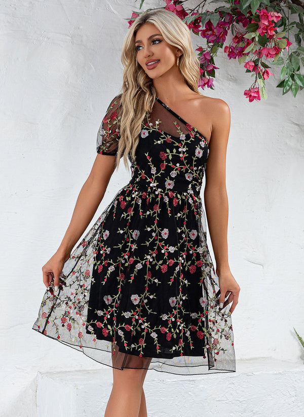 Fleur Une Épaule Illusion Vacances A-ligne Dentelle Tulle Robes Midi - 301467