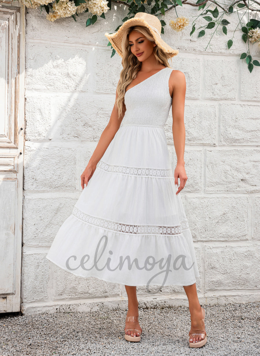 Ruffle One Shoulder Vacation A-line Polyester Midi Dresses - 301562