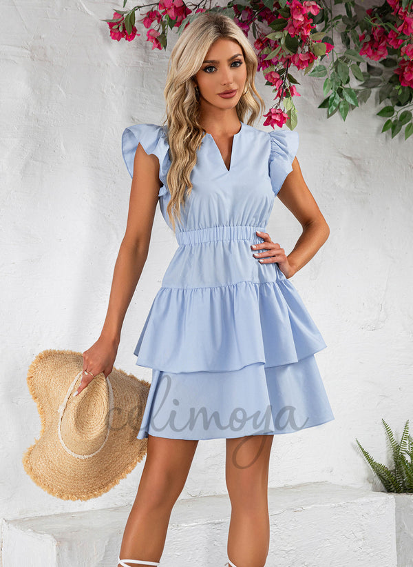Volants en cascade Volants Col en V Vacances A-ligne Rayonne Mini Robes - 301571