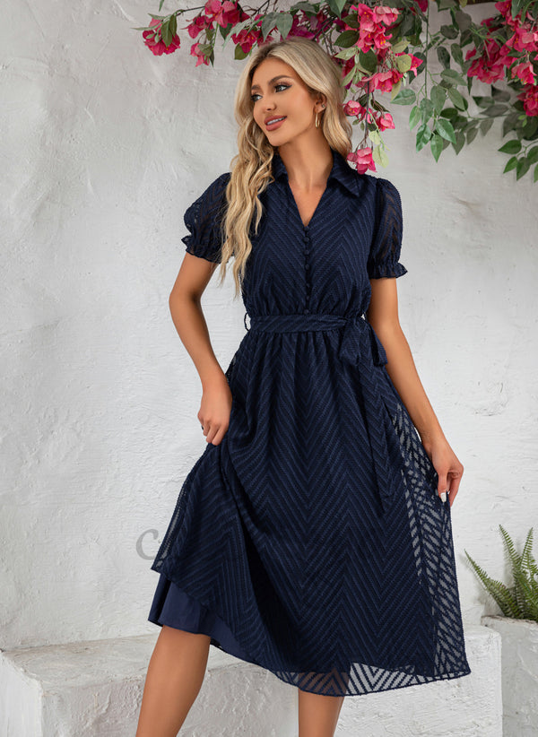 Jacquard Col en V Vacances A-ligne Mousseline Jacquard Robes Midi - 301572