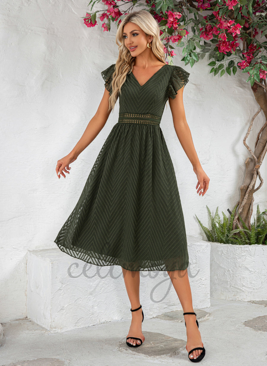 Robes mi-longues en mousseline de soie jacquard à volants et col en V pour les vacances - 301573